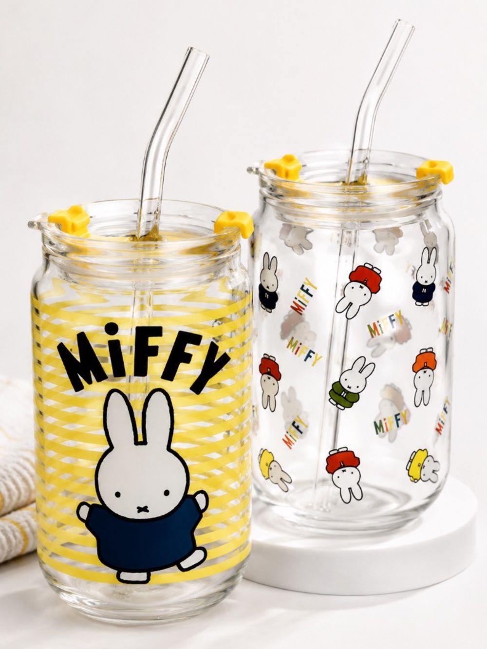 Miffy x Dragon Glassware 2pc 16oz Glass Tumbler Set w/ Lids & Glass Straws NIB